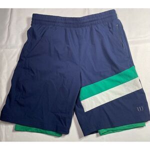 Wilson‎ youth Navy Blue Athletic Shorts with Green & White Stripe Tennis L